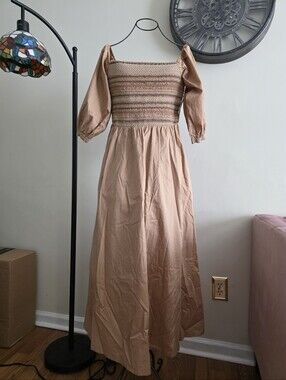Smocked Puff-Sleeve Maxi Dress in Blush